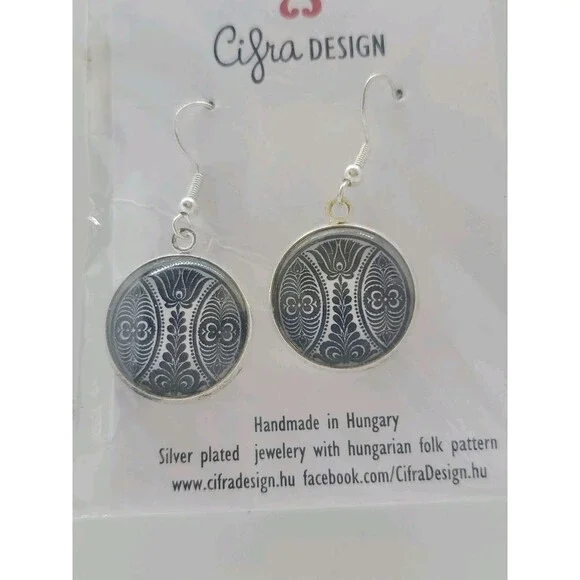 Cifra DESIGN Earrings Silver Plate Hungarian Follk  Pattern Dangle Drop Boho - Picture 2 of 6